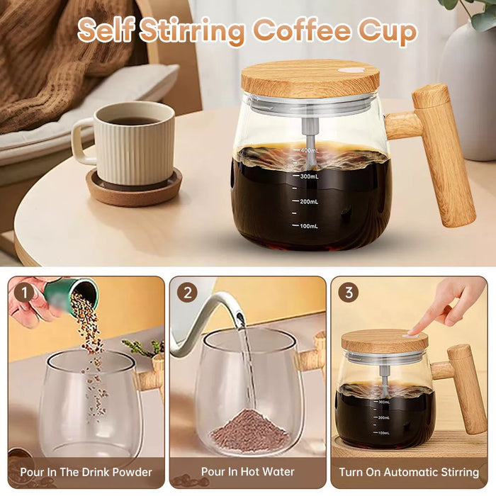 Electric Self Stirring Glass Coffee Mug with Lid & Handle