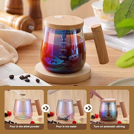 Electric Self Stirring Glass Coffee Mug with Lid & Handle